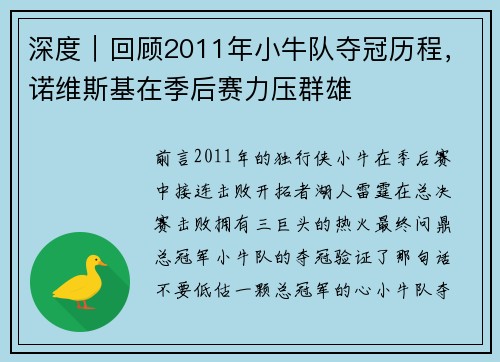 深度｜回顾2011年小牛队夺冠历程，诺维斯基在季后赛力压群雄