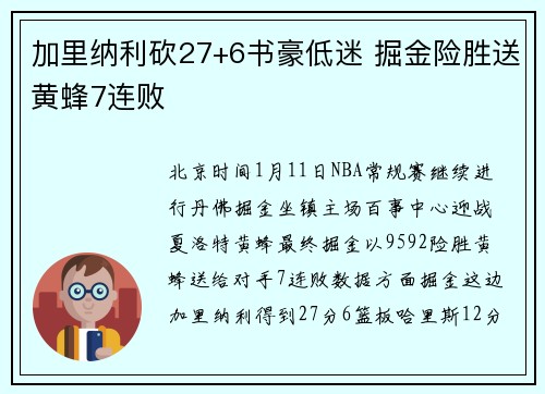 加里纳利砍27+6书豪低迷 掘金险胜送黄蜂7连败